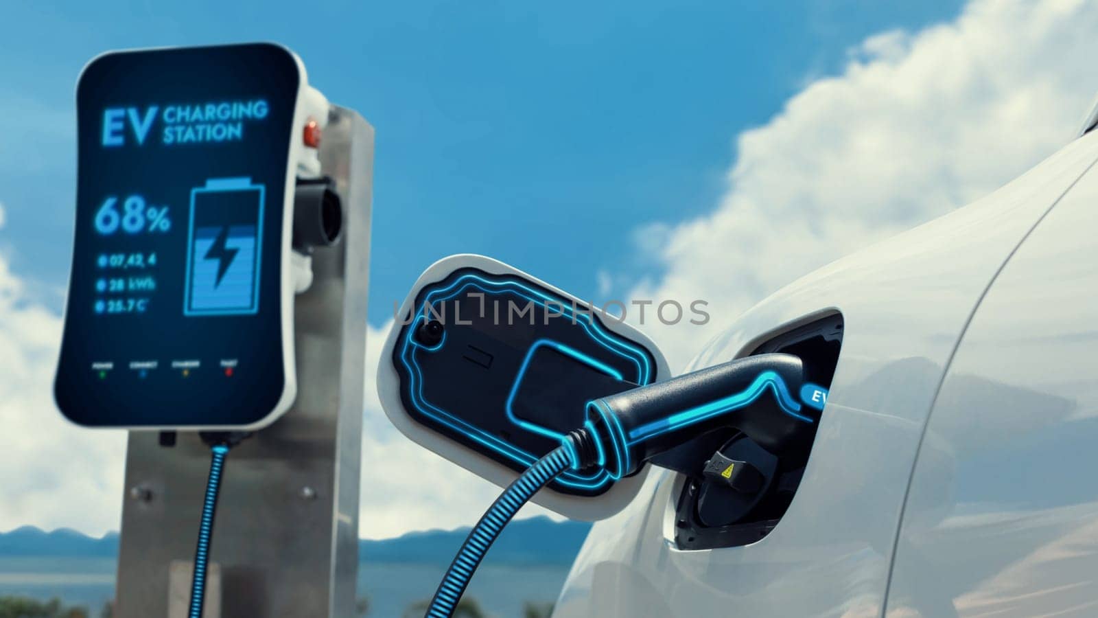Electric car plugged in with charging station to recharge battery by EV charger cable with nature vacation background. Future innovative ev car and energy sustainability. Peruse