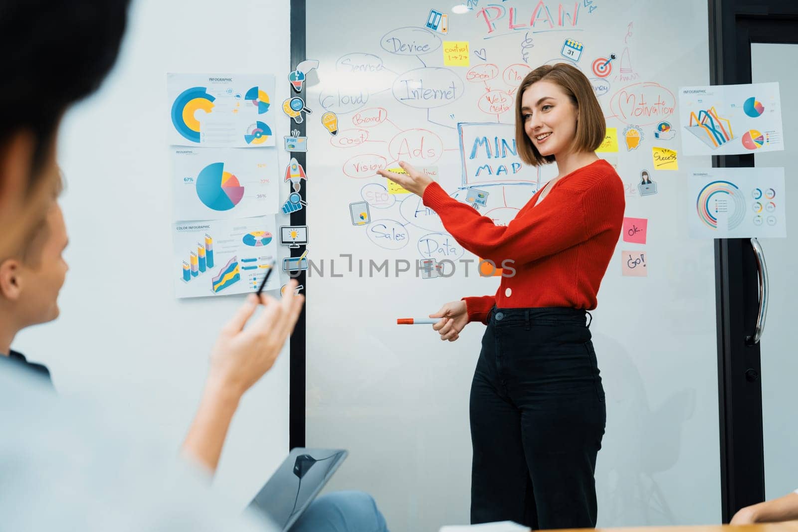 Closeup image of male project manager raise hand to ask questions while young beautiful leader presents business project with confident by using mind map and colorful sticky notes. Immaculate.