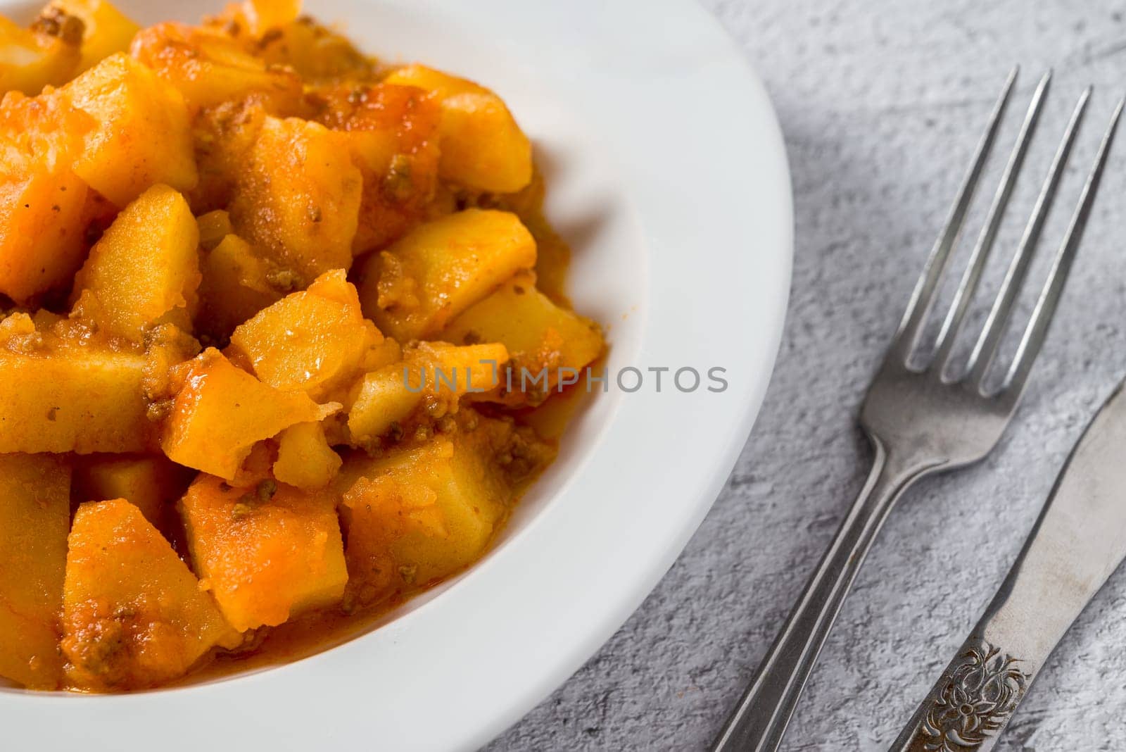 Minced meat and potato dish on white porcelain plate on stone table by Sonat