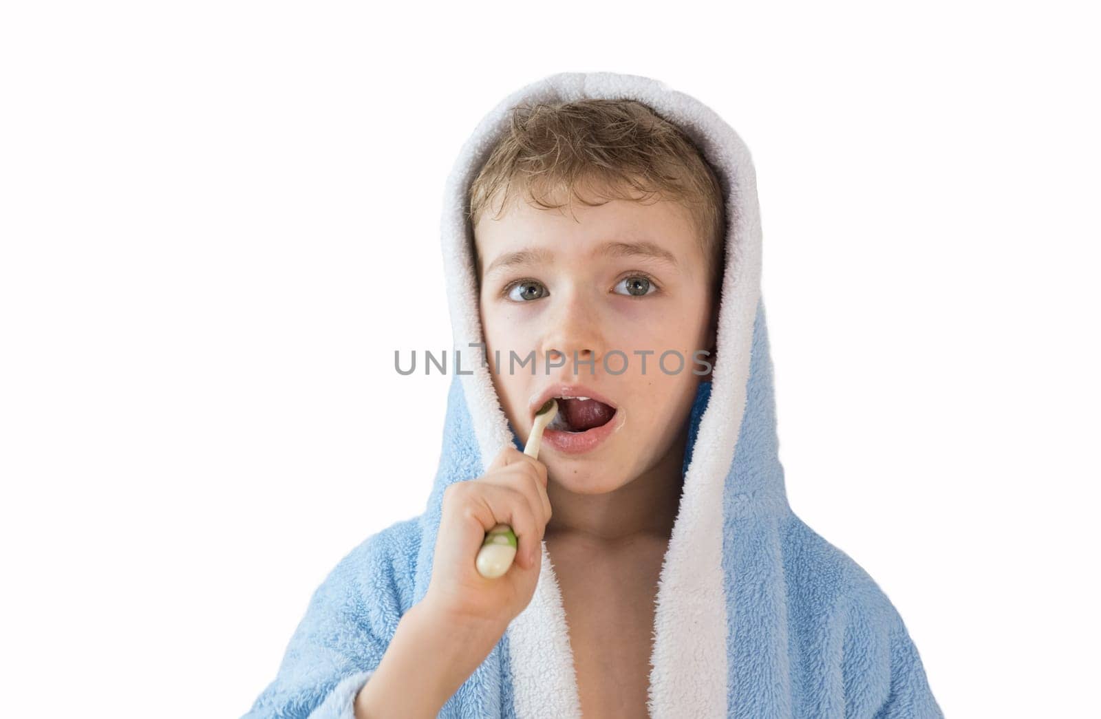 small child, boy in a blue terry robe with a toothbrush on white. A child brushes his teeth. Healthcare and dental care.