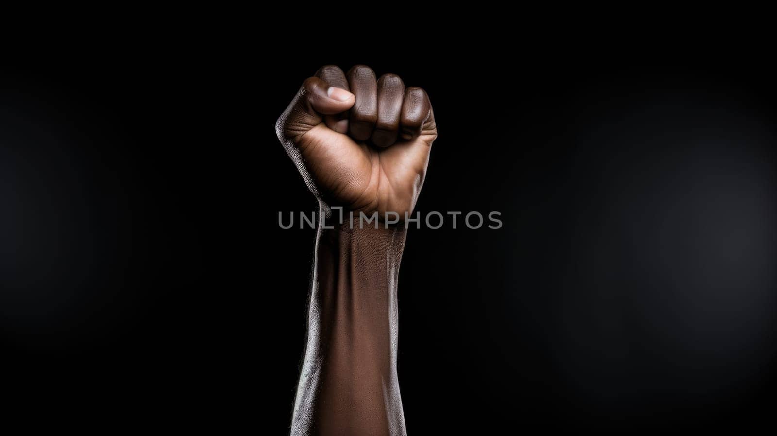 African man raises his fist up on a black background. AI