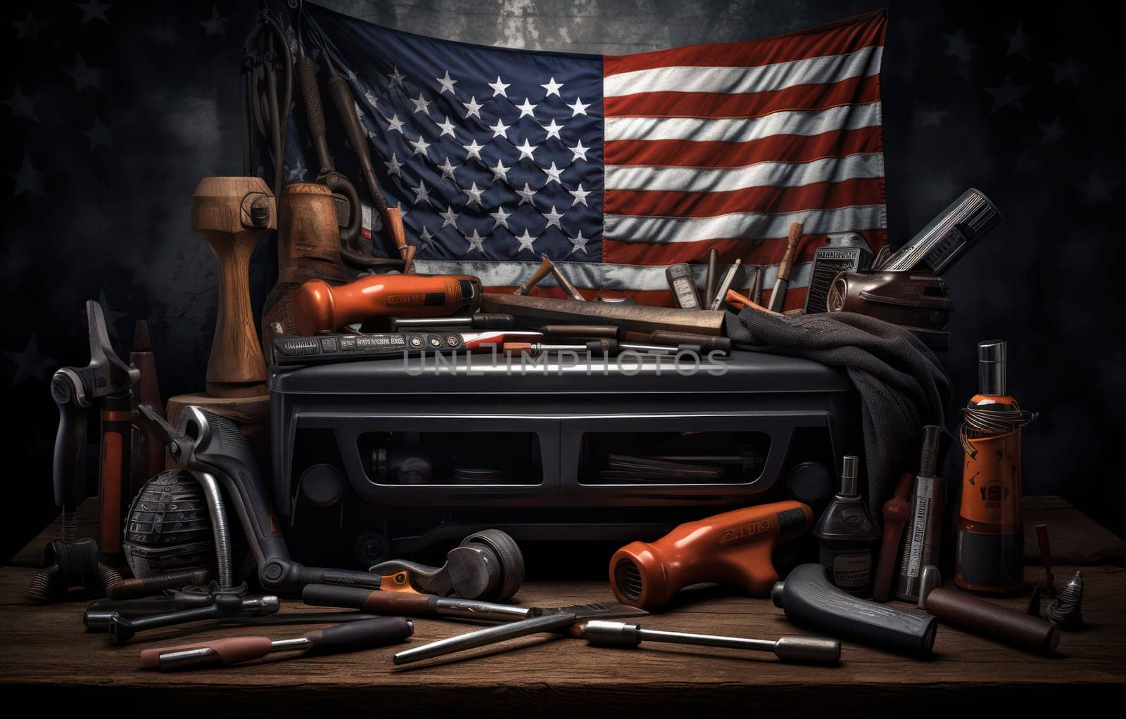 United Labor: Celebrating American Workforce with Patriotic Tools on Labor Day - A Symbolic National Image of Industrial Construction Equipment on Wooden Table with Flag Background