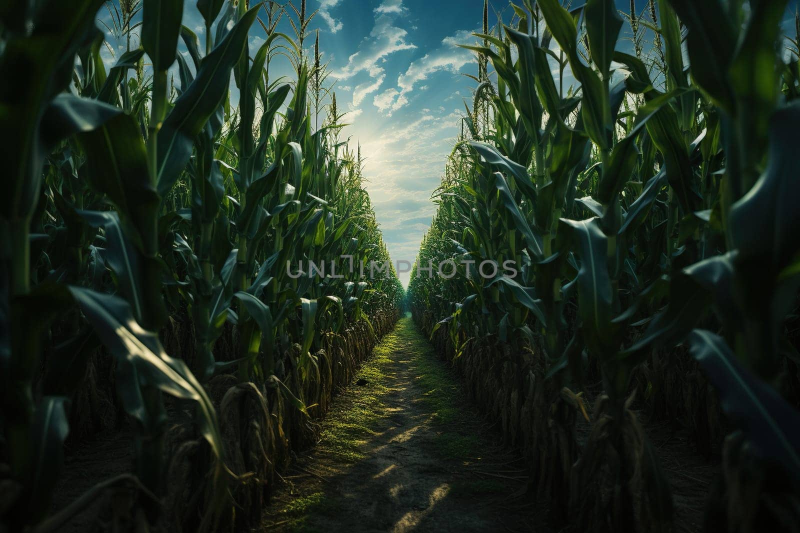 Path in a tall green corn field in cloudy weather.