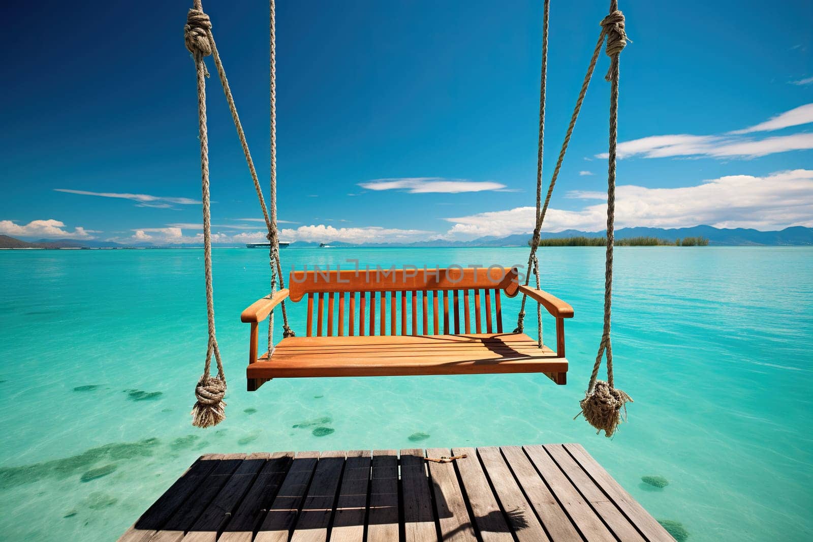 Swing over clear water. Paradise holiday.