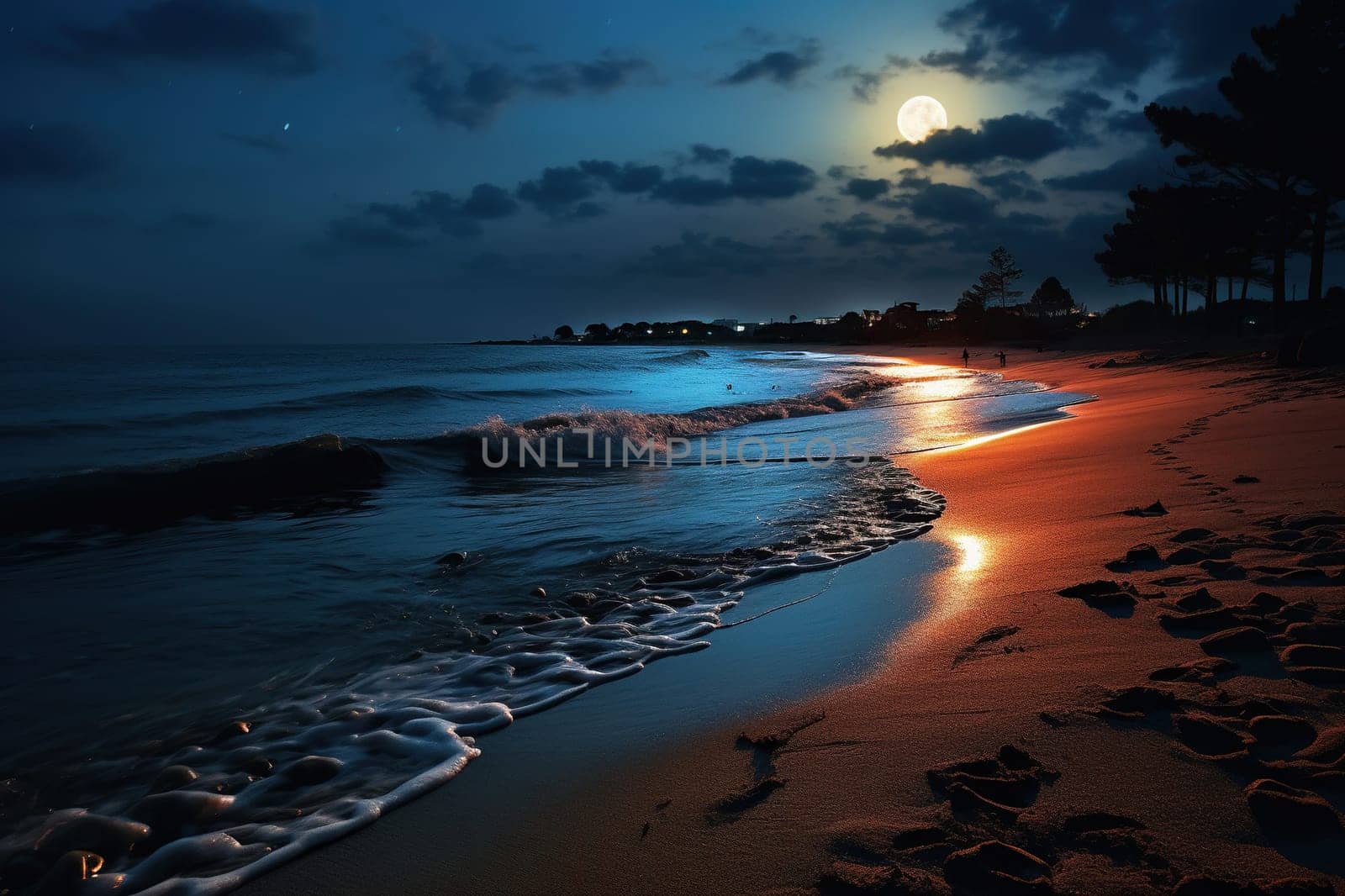 Night seascape. Seashore in the moonlight. Generated by artificial intelligence by Vovmar