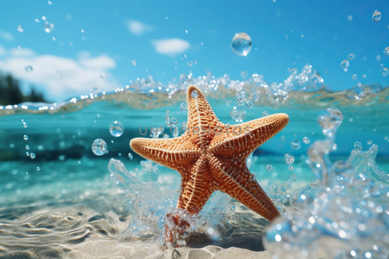 Underwater photo of a starfish with a splash of water. Generated by artificial intelligence by Vovmar