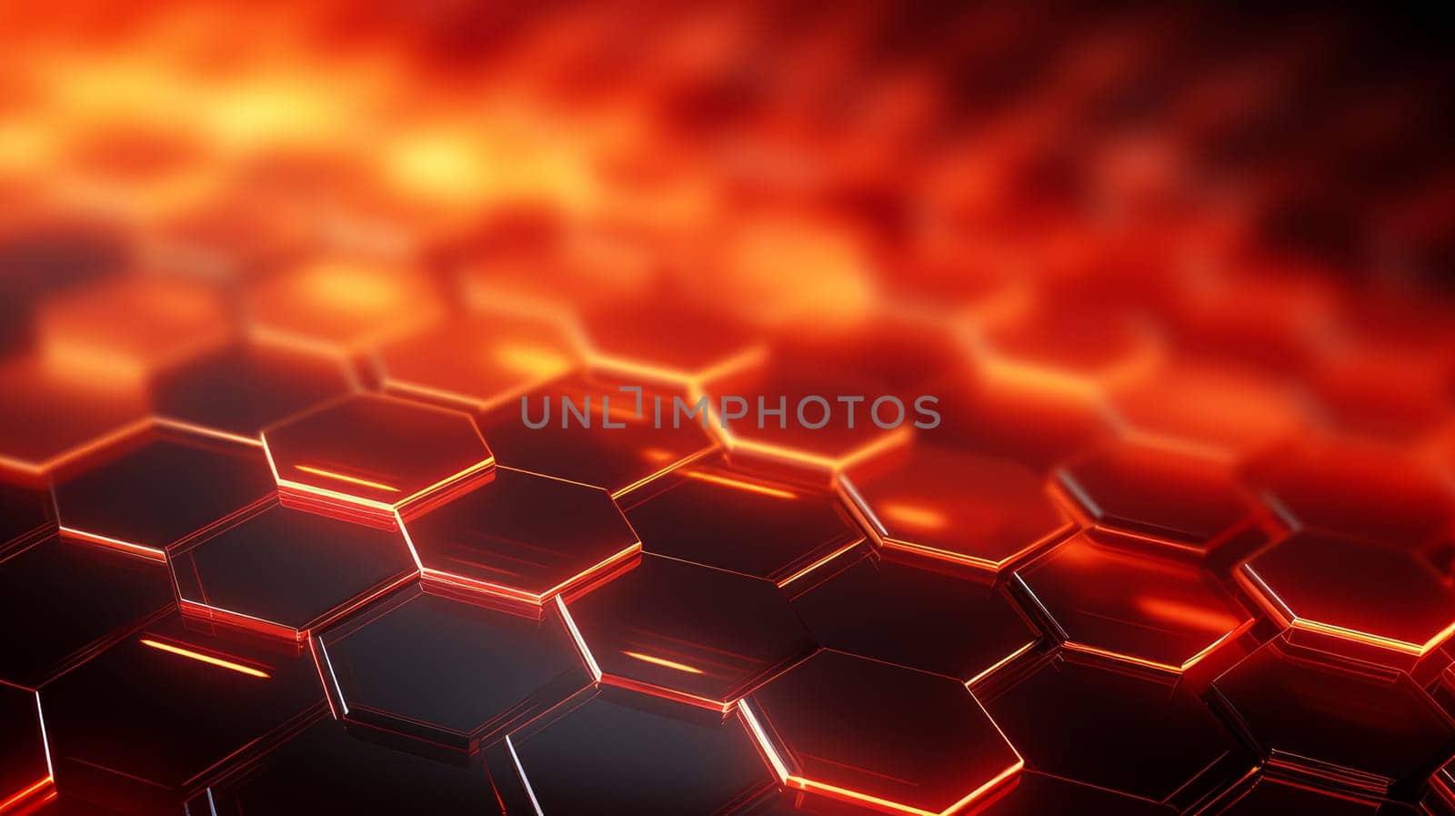 Abstract background with black glowing honeycomb hexagons and fiery orange backlight by Alla_Yurtayeva