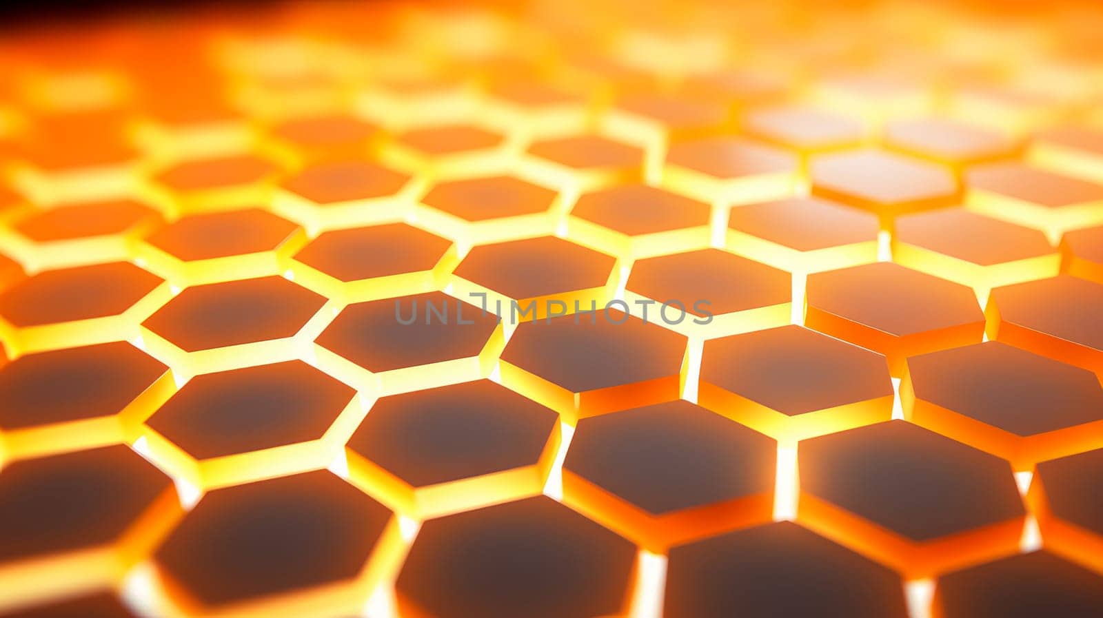 Abstract background with black glowing honeycomb hexagons and fiery orange backlight by Alla_Yurtayeva