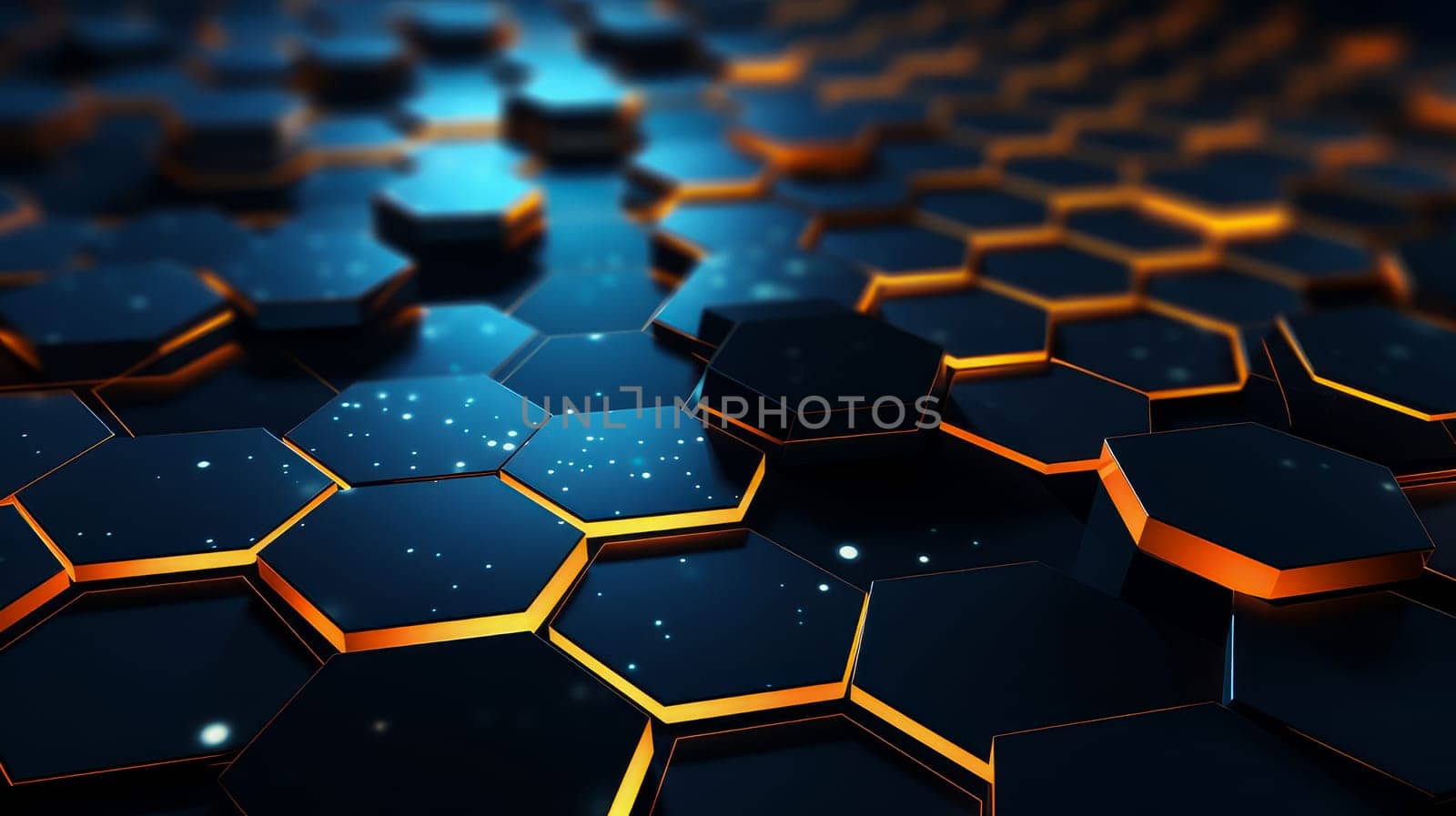 Abstract background with black glowing honeycomb hexagons and fiery orange backlight.