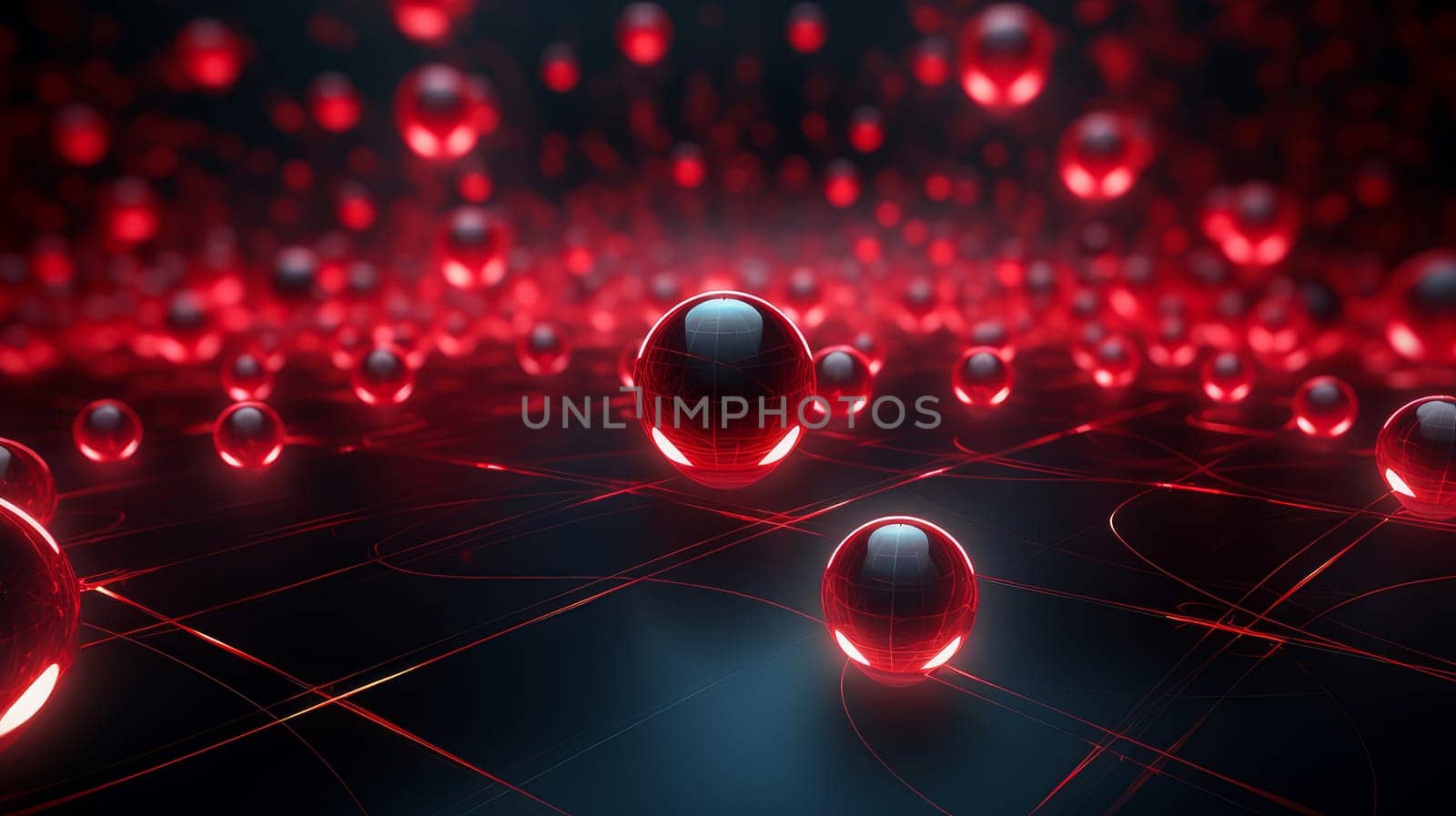 Beautiful luxury creative 3D modern abstract background consisting of black and red balls and spheres with light digital effect, copy space