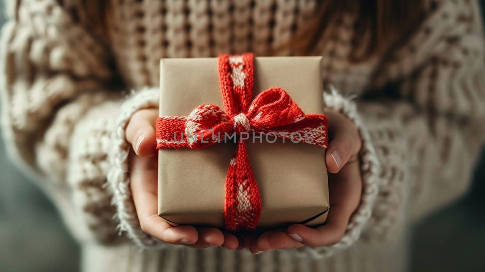 girl holding a box with a gift in her hands. selective focus. Generative AI,