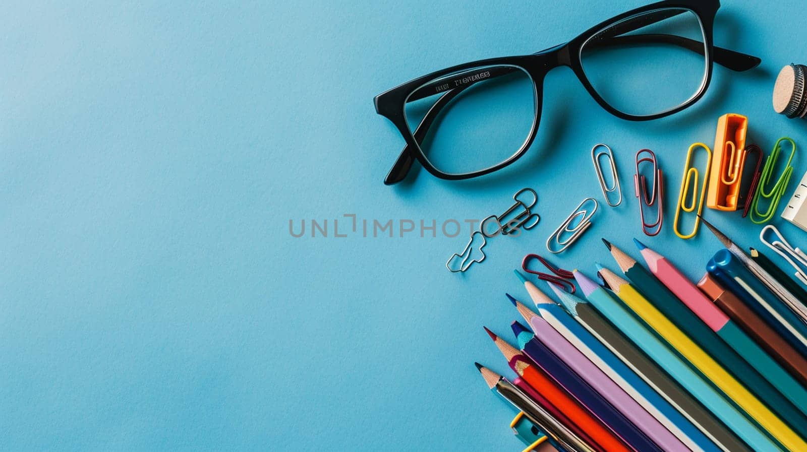 Stationery on blue background. objects selective focus. Generative AI,