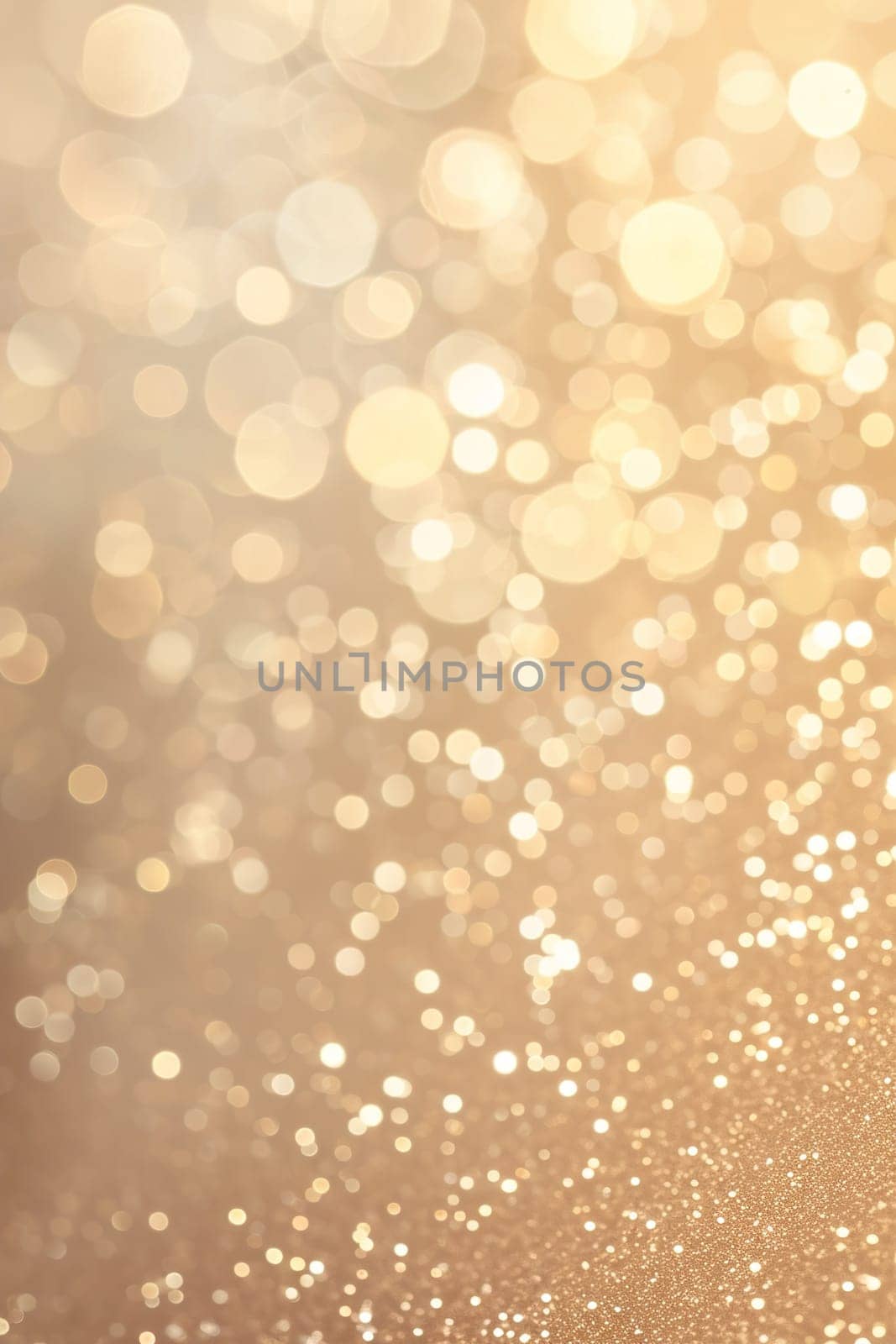 Ethereal golden bokeh lights on a warm beige background, evoking a festive, dreamy atmosphere. Ideal for holiday season graphics, celebratory backdrops, or elegant product displays. Generative AI