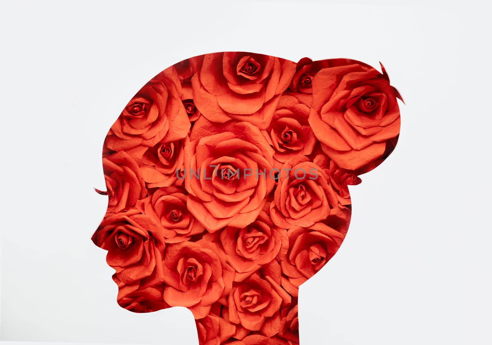Greeting Card International Women's Day on March 8th. many flowers roses in hole of woman silhouette. March 8th concept. by igor010