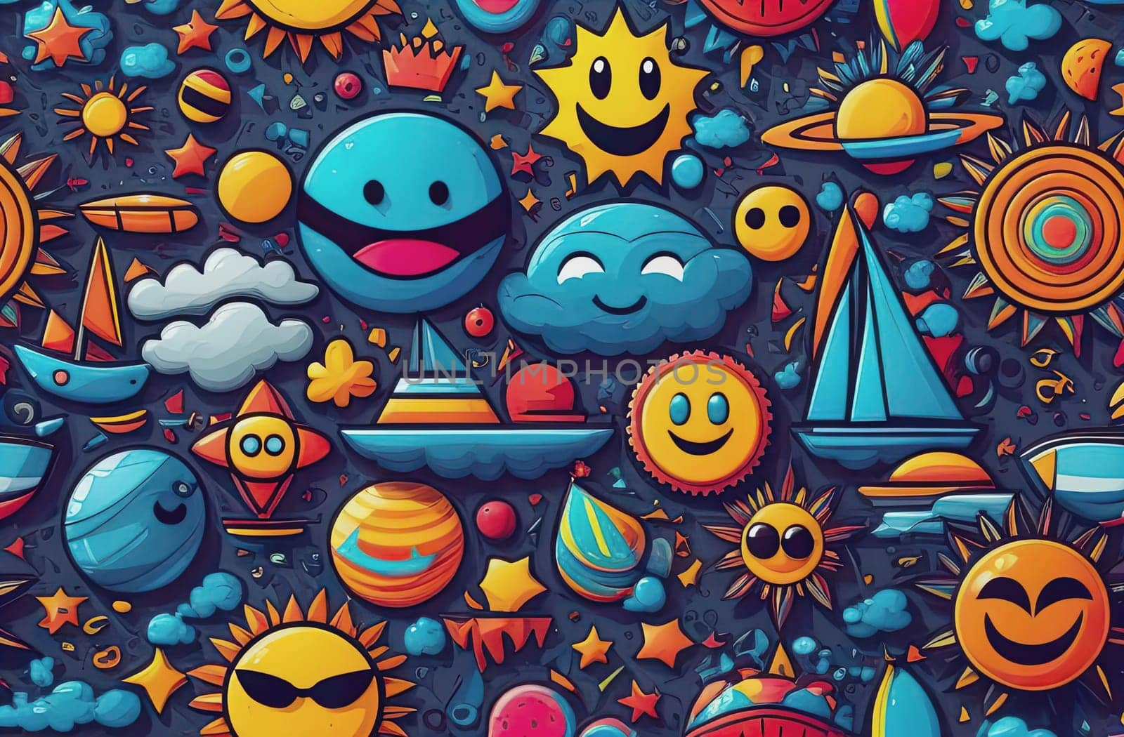 Abstract summer comic characters elements and shapes bright colors cartoon style by Proxima13