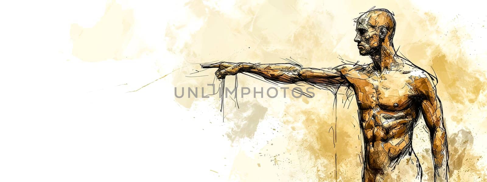 sketch of a male figure with extended arm, rendered in dynamic strokes and earth tones, embodying both strength and fragility. by Edophoto
