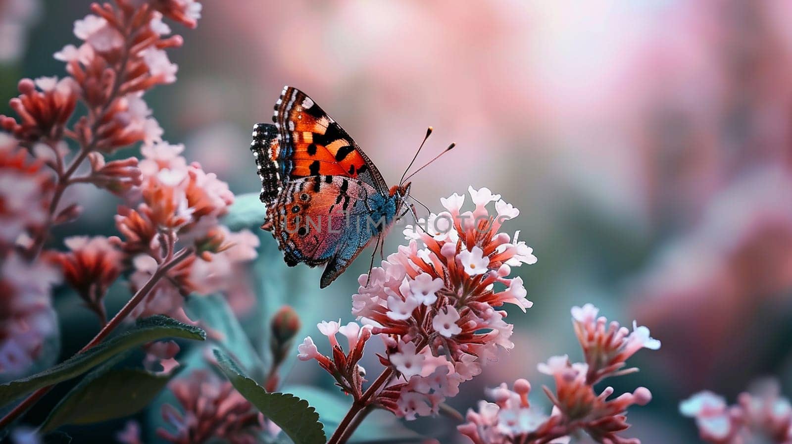 Beautiful butterflies on delicate pink flowers. Nature selective focus. Generative AI,