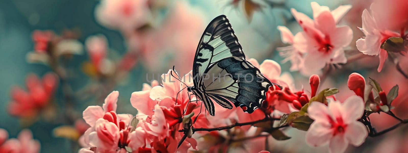 Beautiful butterflies on delicate pink flowers. selective focus. Generative AI, by mila1784