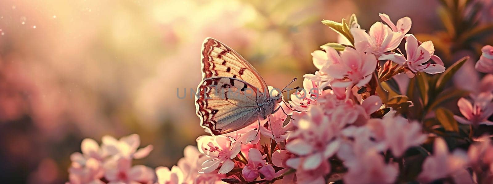 Beautiful butterflies on delicate pink flowers. Nature selective focus. Generative AI,