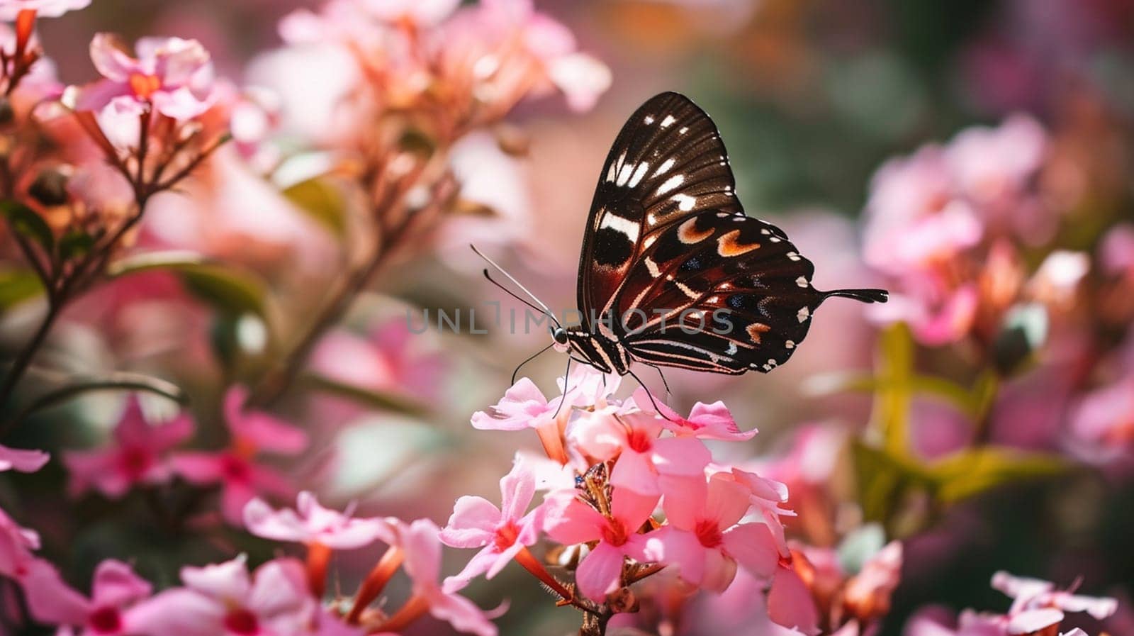 Beautiful butterflies on delicate pink flowers. Nature selective focus. Generative AI,