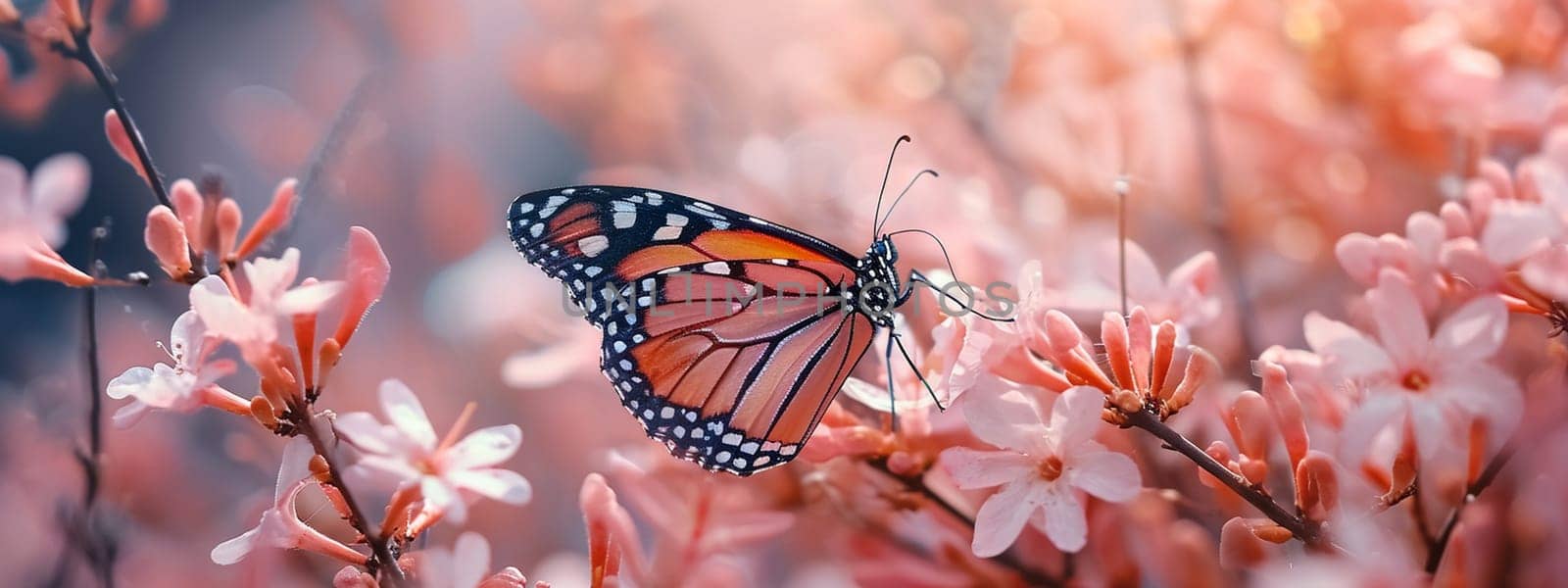 Beautiful butterflies on delicate pink flowers. Nature selective focus. Generative AI,