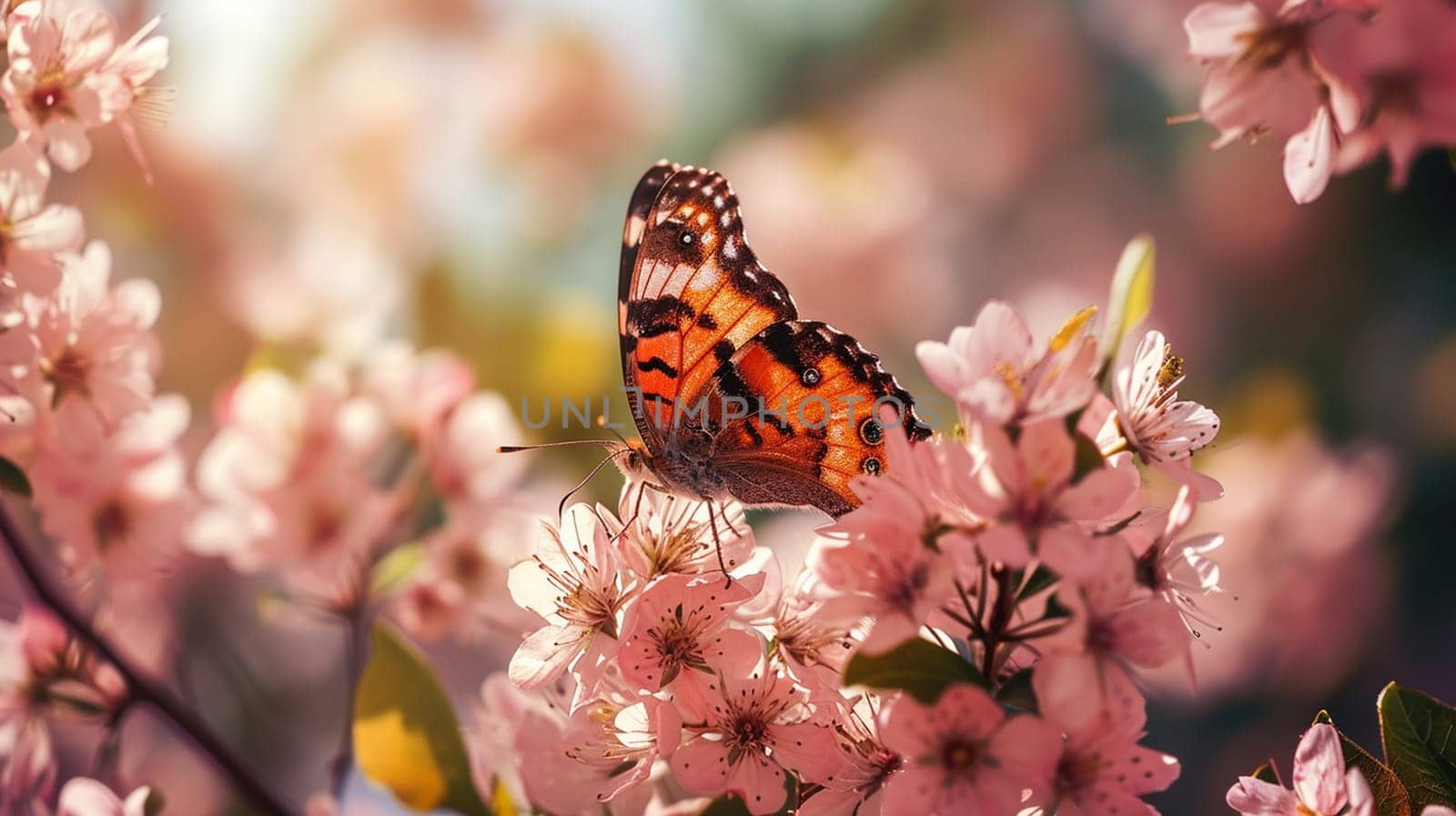 Beautiful butterflies on delicate pink flowers. Nature selective focus. Generative AI,