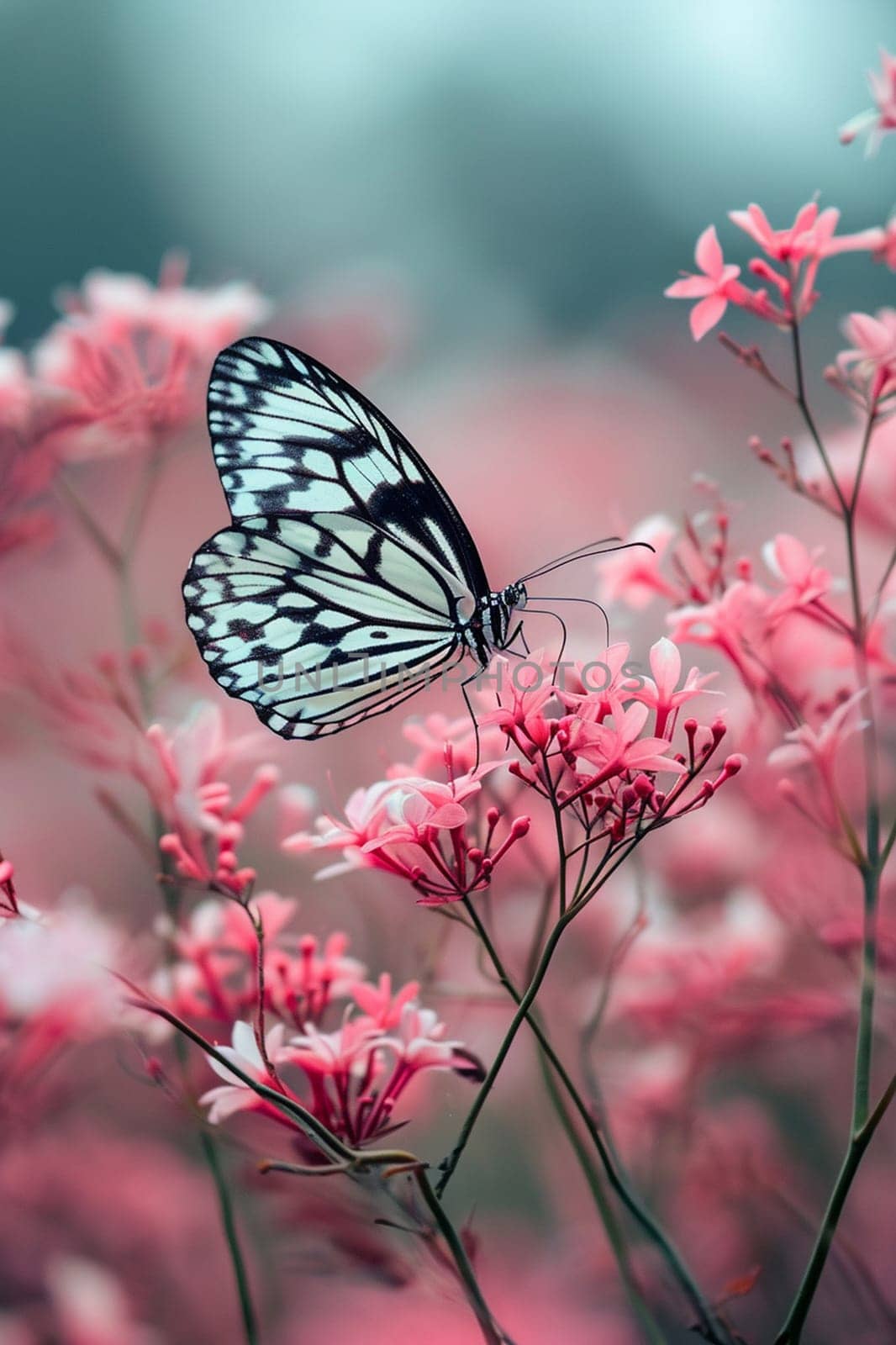 Beautiful butterflies on delicate pink flowers. Nature selective focus. Generative AI,