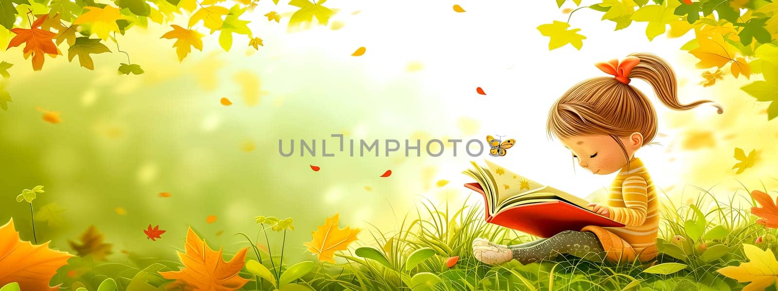 little girl engrossed in reading a storybook in a lush, autumnal garden with leaves and a butterfly by Edophoto