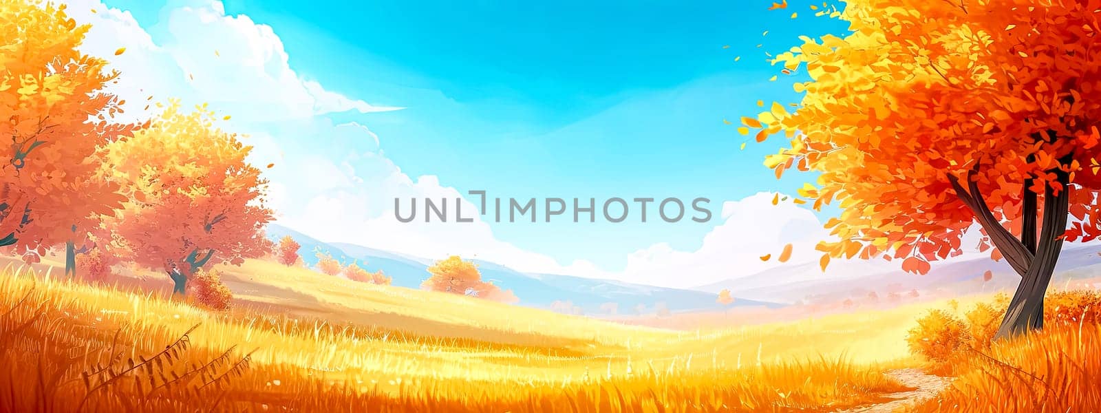 autumnal landscape with golden fields and trees ablaze with orange leaves under a clear blue sky, banner with copy space