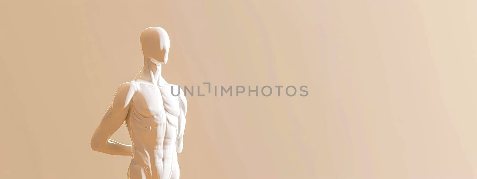 mannequin figure from behind, with a smooth, featureless surface in a neutral beige setting, ideal for concepts of anonymity and form by Edophoto