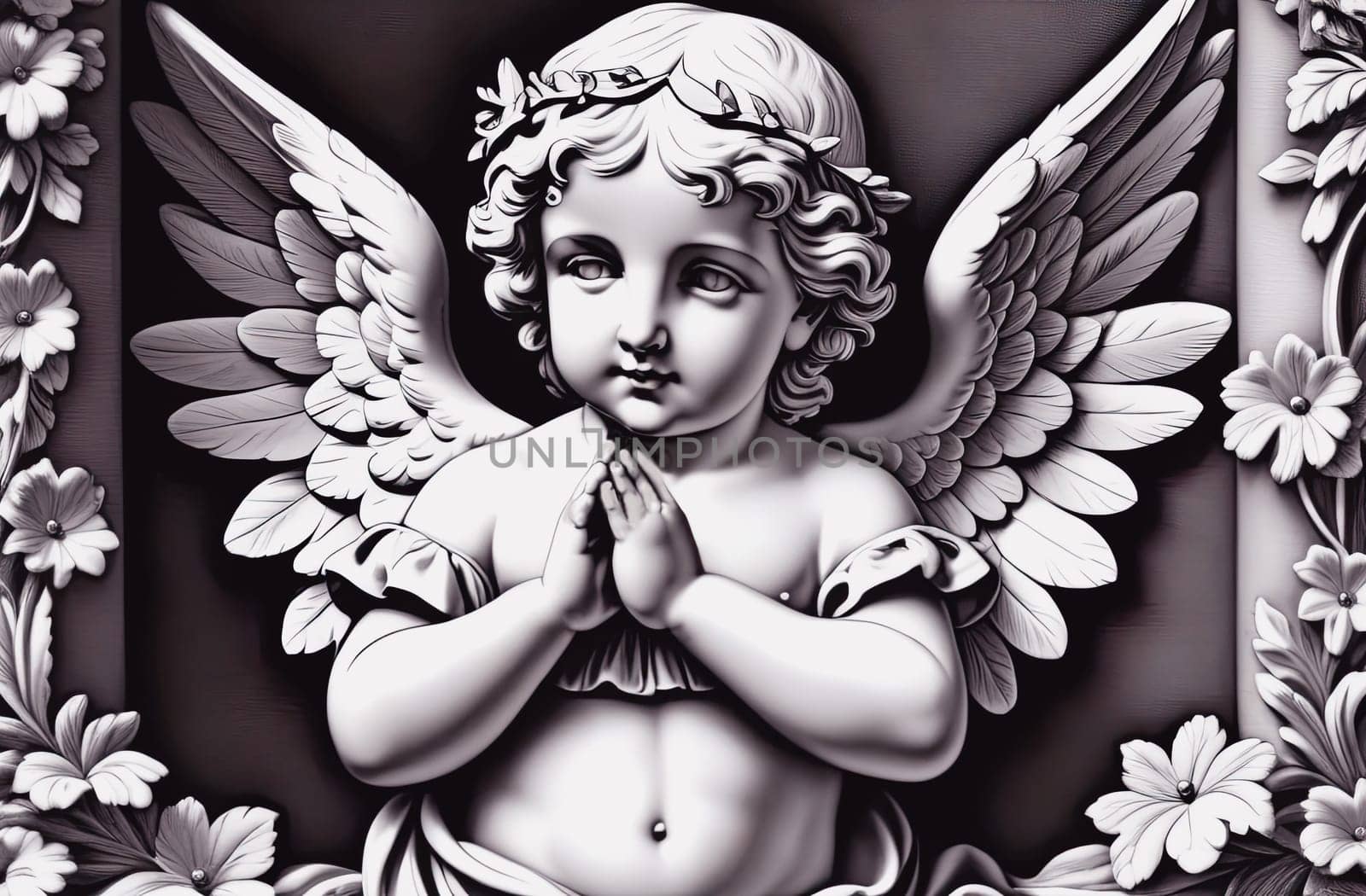 Valentine angel cupid with folded palms, idyllic picture, free space, imitation of antique engraving