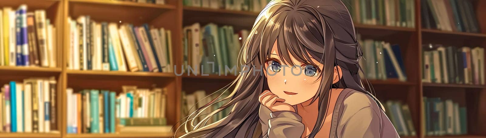 thoughtful young woman with flowing brown hair, leaning on her hand, with a backdrop of a bookshelf filled with various books, evoking a sense of knowledge and introspection by Edophoto