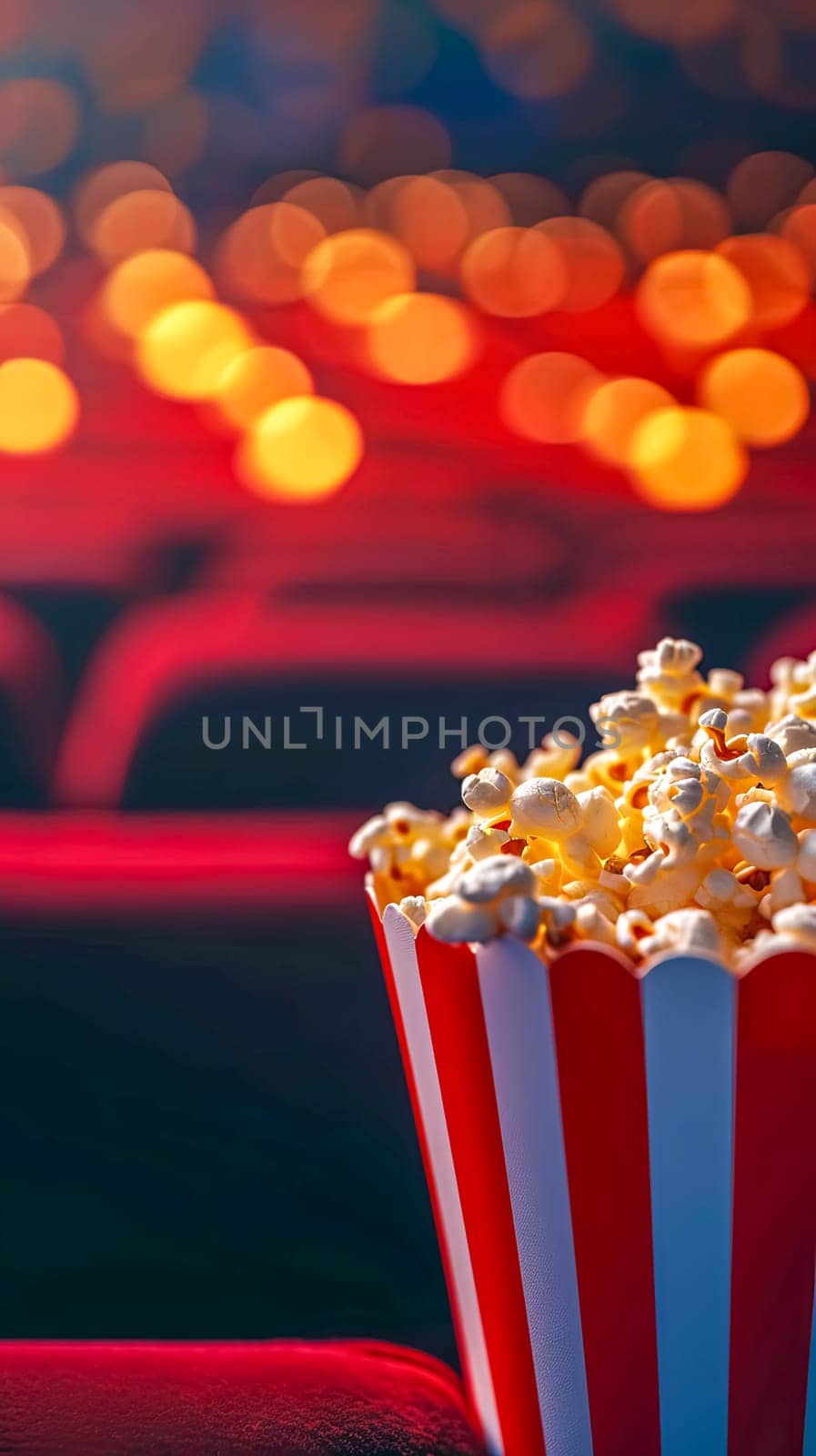 essence of movie time with a close-up of a classic red and white striped popcorn box filled with fluffy kernels, set against the blurred backdrop of red cinema seats and golden bokeh lights by Edophoto