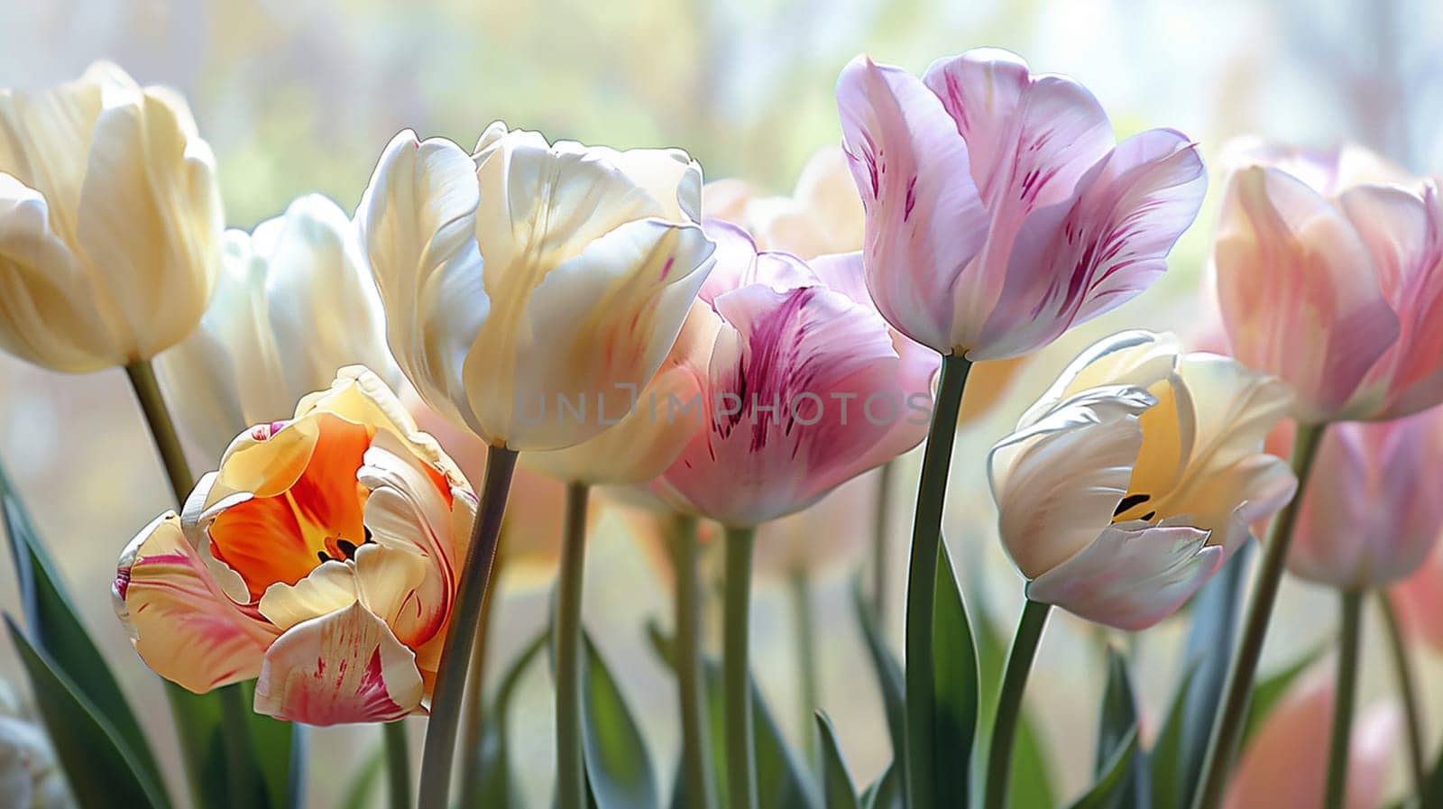 Beautiful tulips in pastel colors. selective focus. Generative AI,