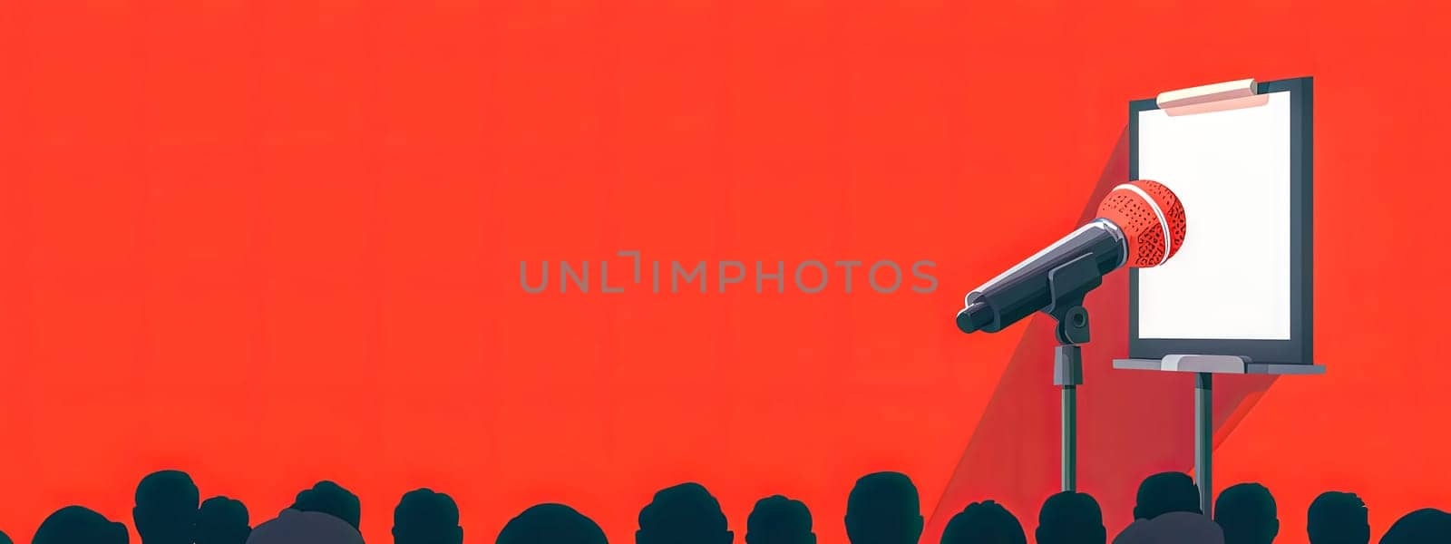 public speaking scene, featuring a microphone in the foreground pointing towards a blank presentation board, all set against a vivid red background with a silhouette of an audience, banner copy space