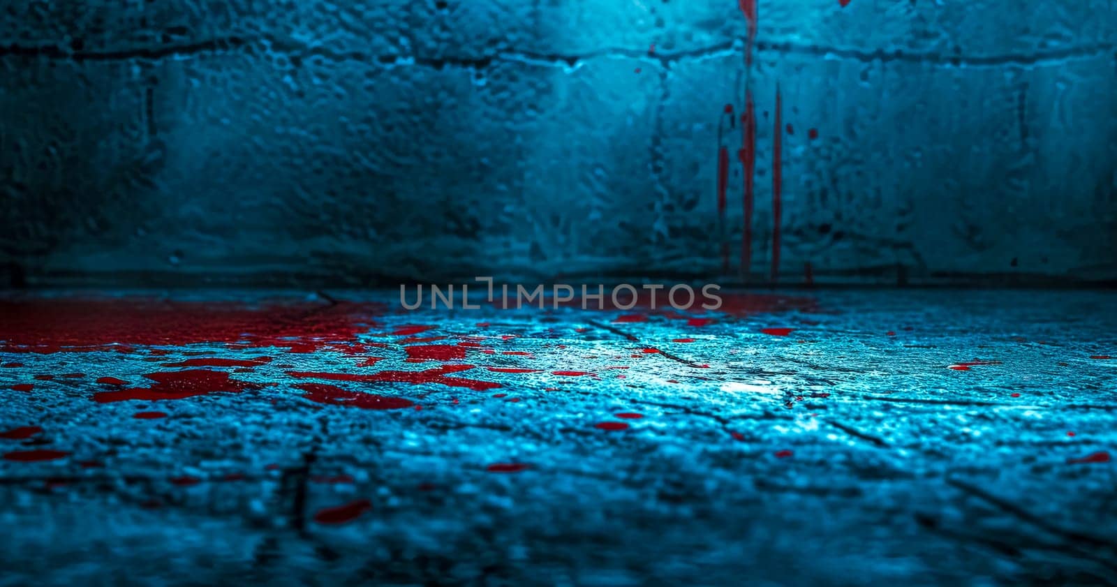 gritty floor splattered with red, suggestive of a crime scene, bathed in a chilling blue light that casts an ominous atmosphere, banner with copy space