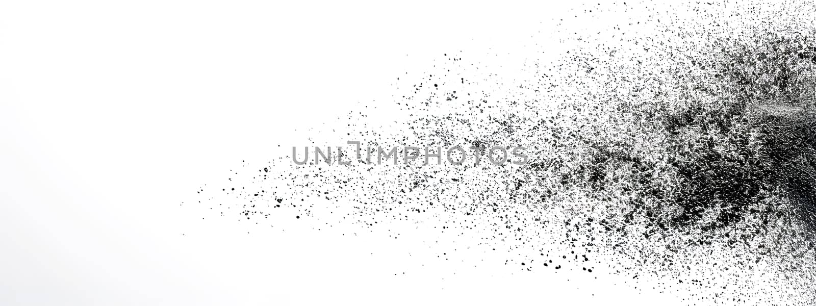 monochromatic stipple explosion creating a dynamic sense of movement on a white background, perfect for conveying energy and transformation in visual media, banner with copy space