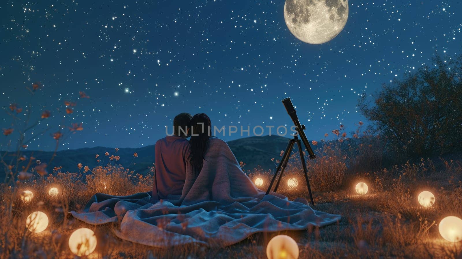 young couple looking out to romantic night sky in valentines day pragma