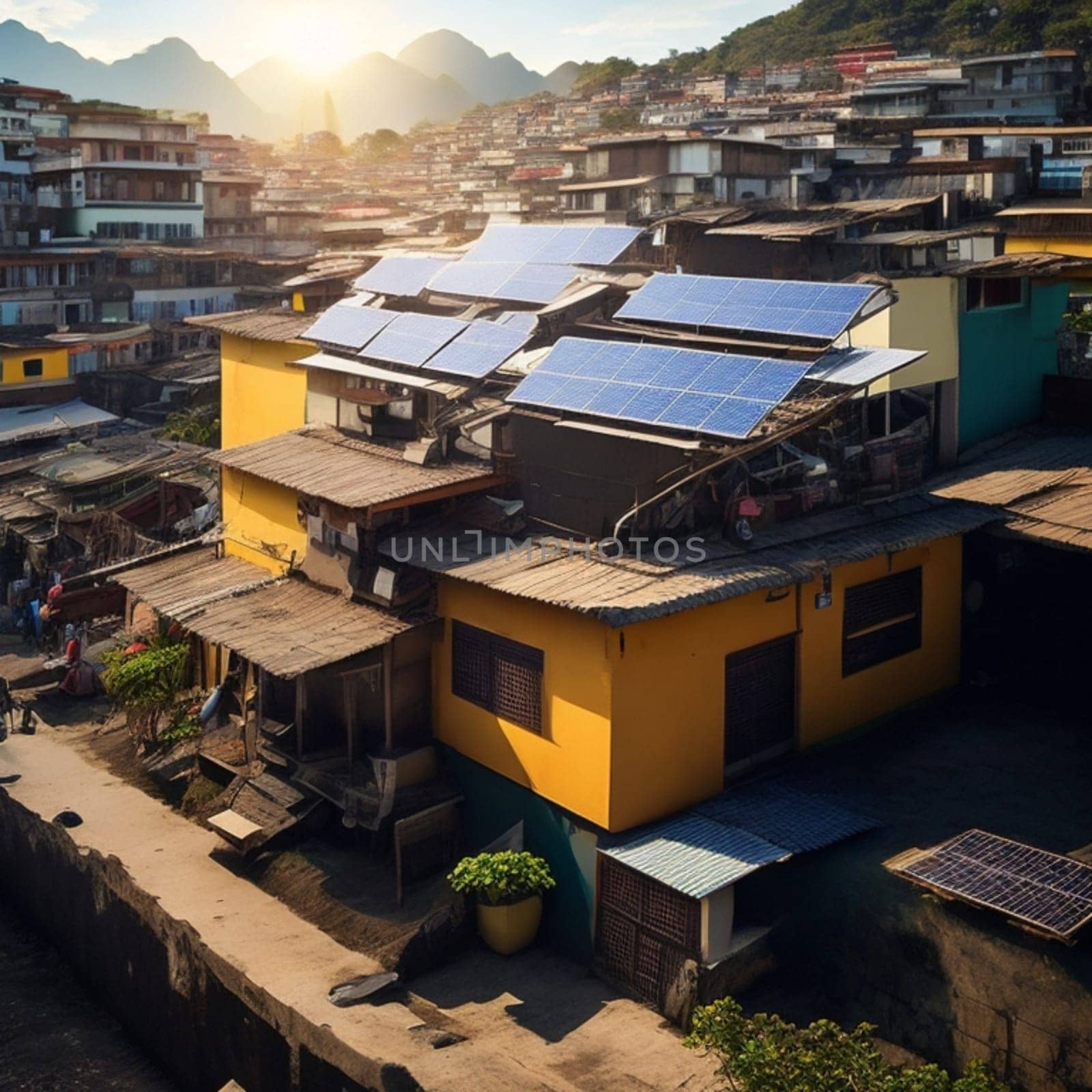 photovoltaic solar panels on slum hood for clean and cheap energy illustration generative ai