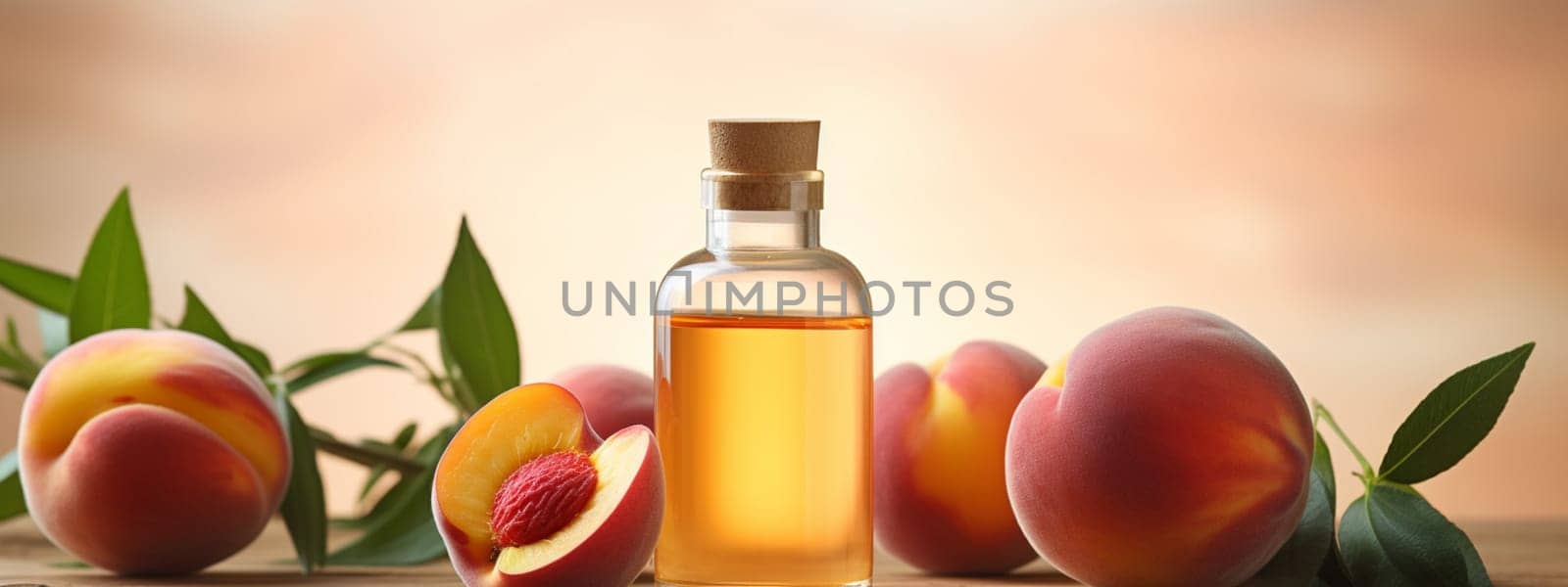 Peach oil extract in a bottle. selective focus. Food Generative AI,