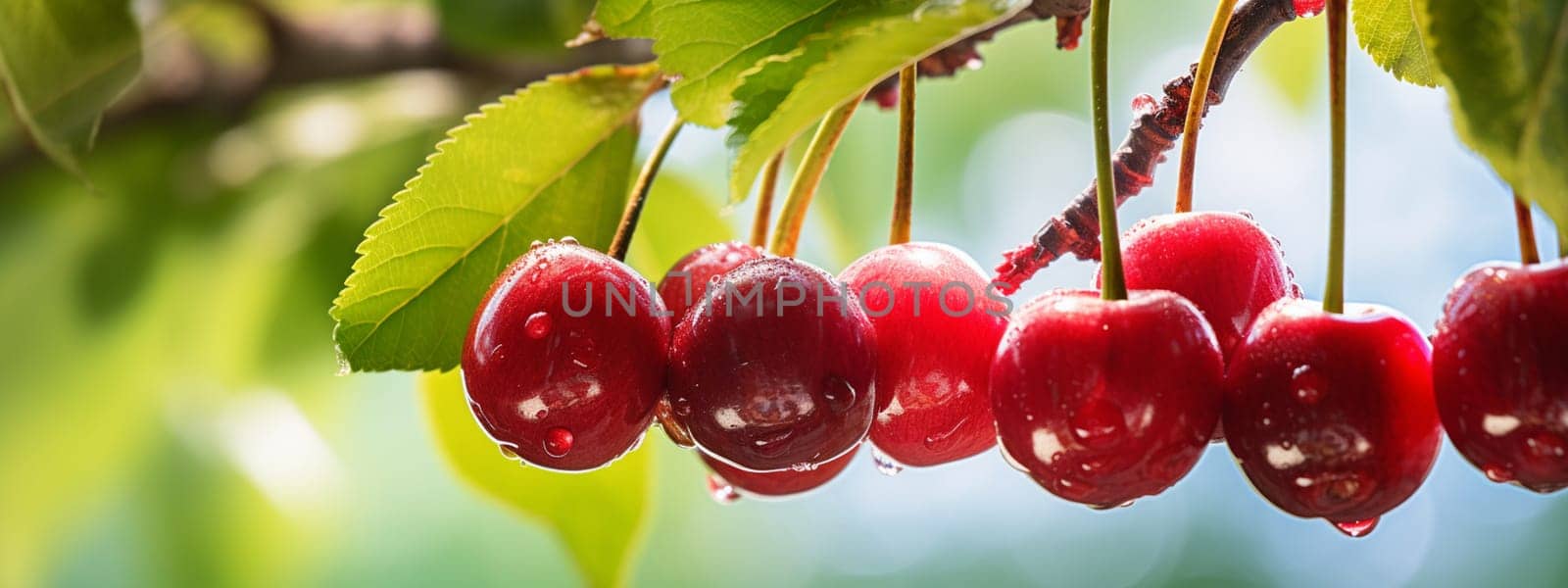 Branch of ripe cherries on a tree in a garden. Food selective focus. Generative AI,