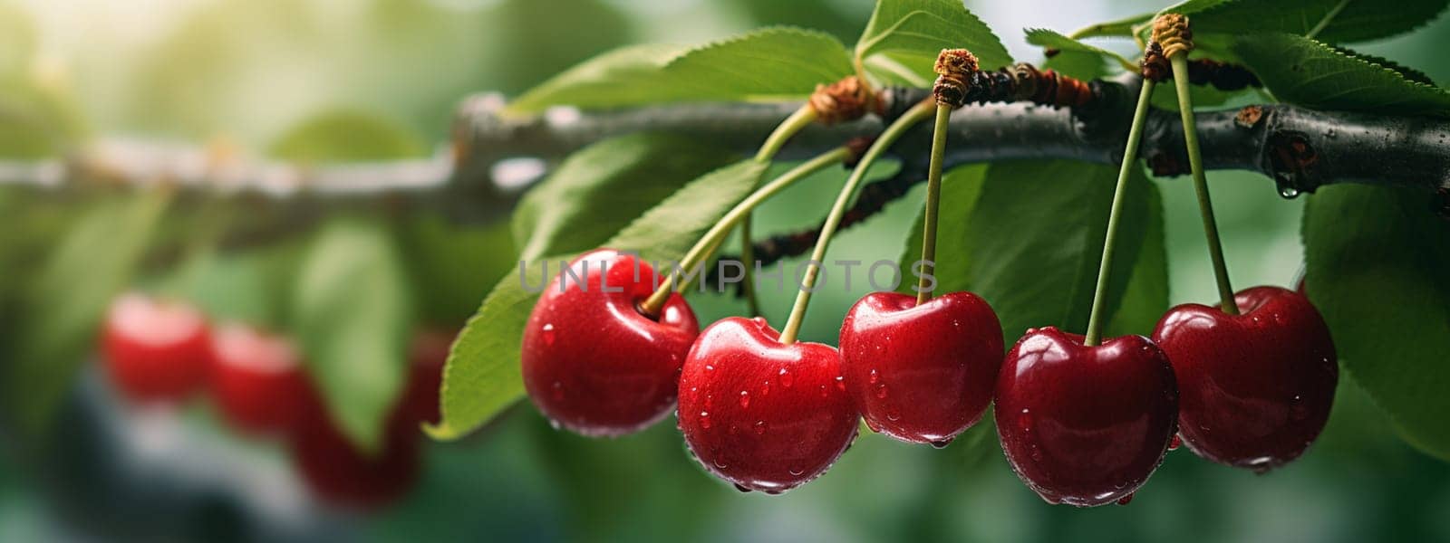 Branch of ripe cherries on a tree in a garden. Food selective focus. Generative AI,
