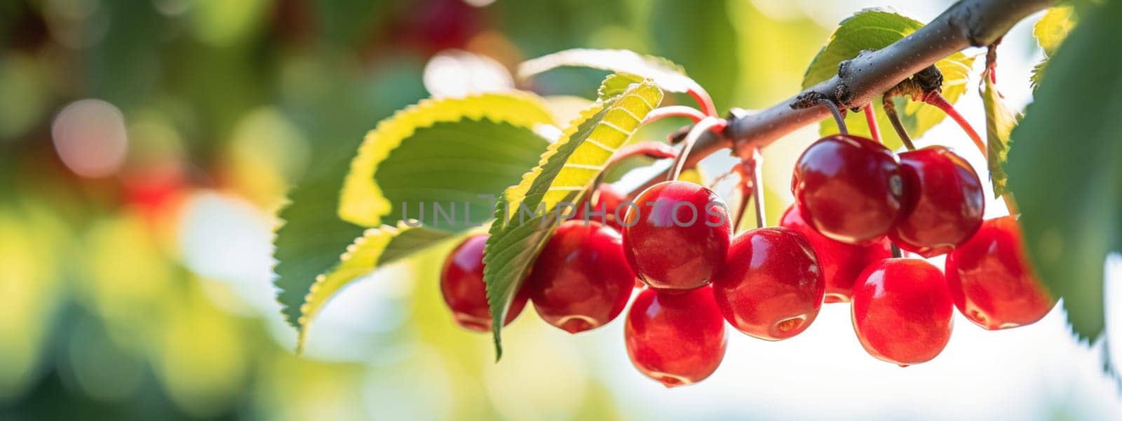 Branch of ripe cherries on a tree in a garden. selective focus. Generative AI, by mila1784