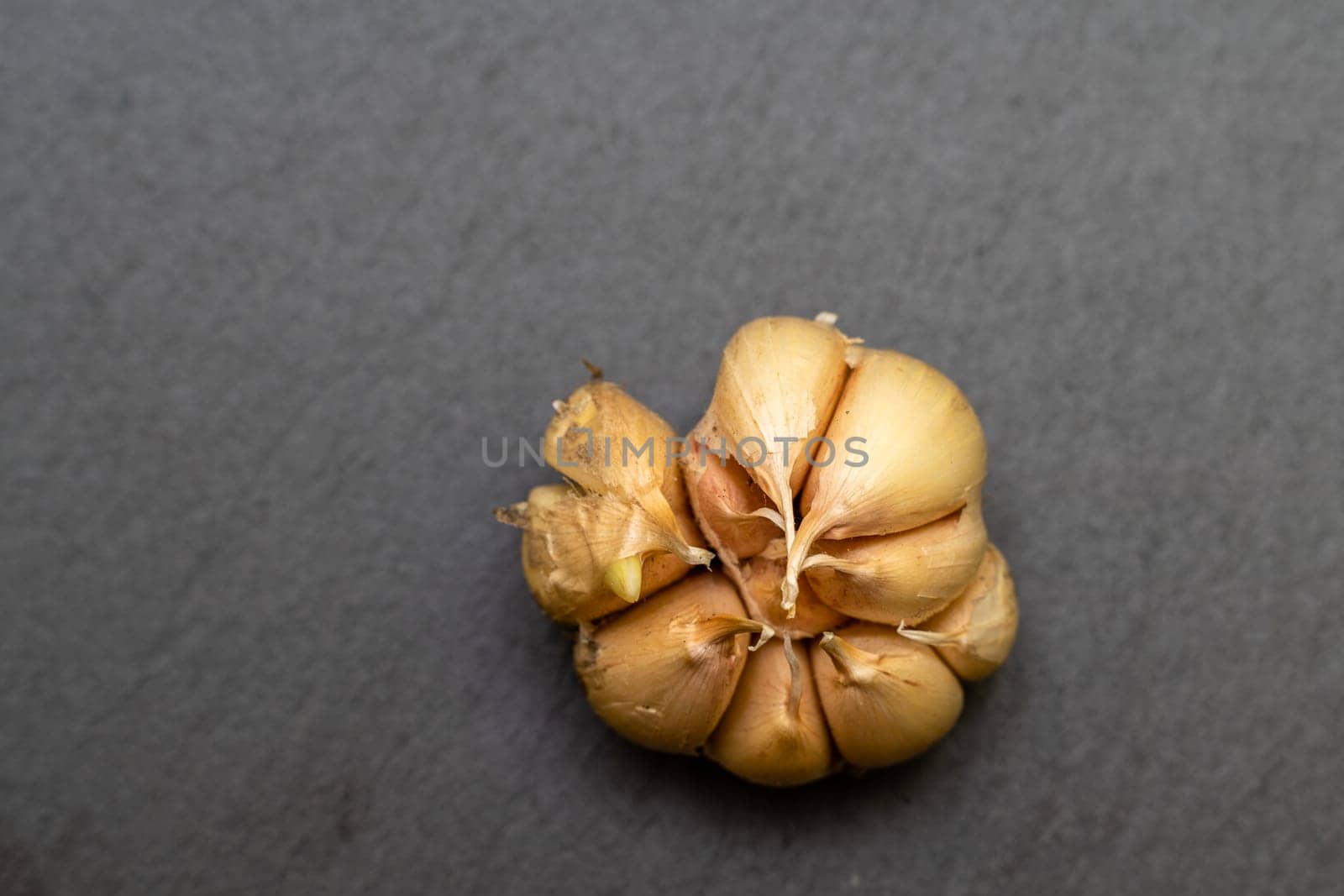 Head of garlic on a black background top view. Dry garlic with yellow edges. by Matiunina