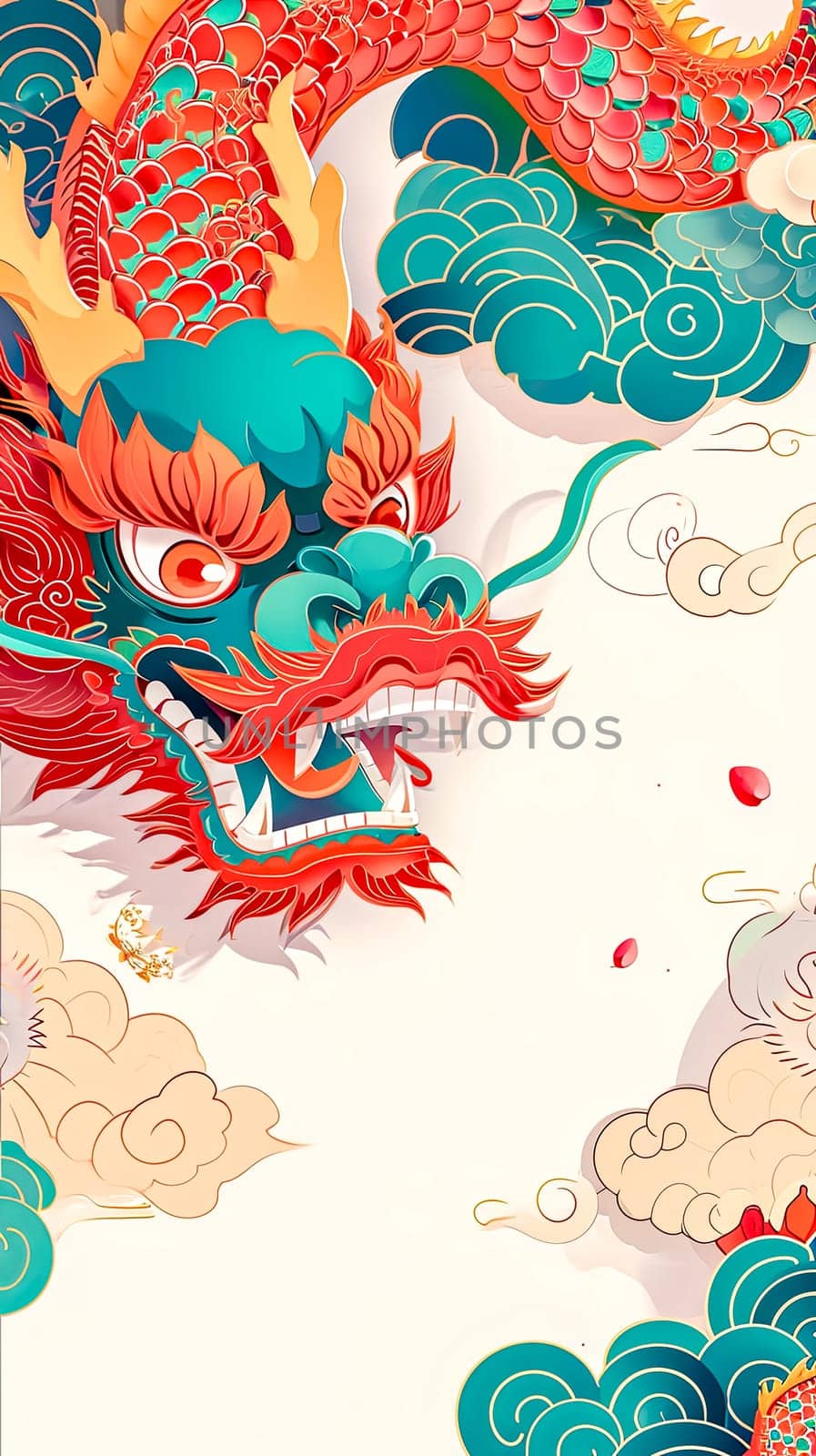 traditional Chinese dragon in motion, with stylized clouds and swirling motifs, perfect for festive or cultural themes by Edophoto