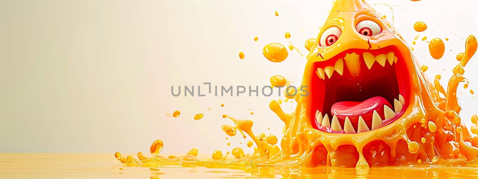 gelatinous, cartoonish monster emerging from a pool of orange goo, exuding a playful yet bizarre charm by Edophoto