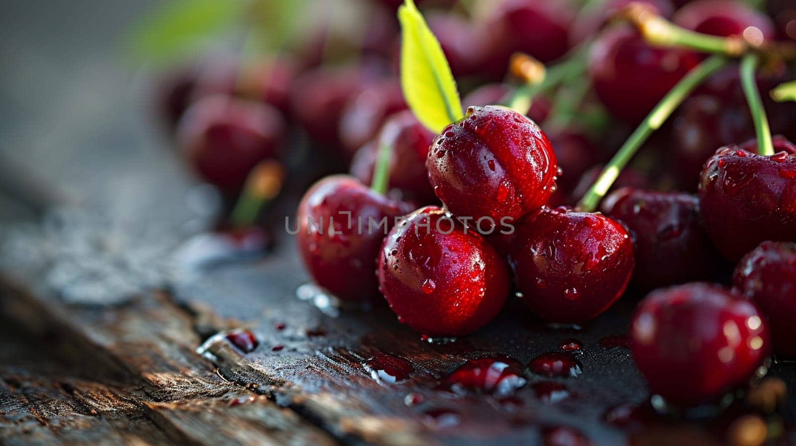 Ripe red cherry on a wooden background. selective focus. Generative AI, by mila1784