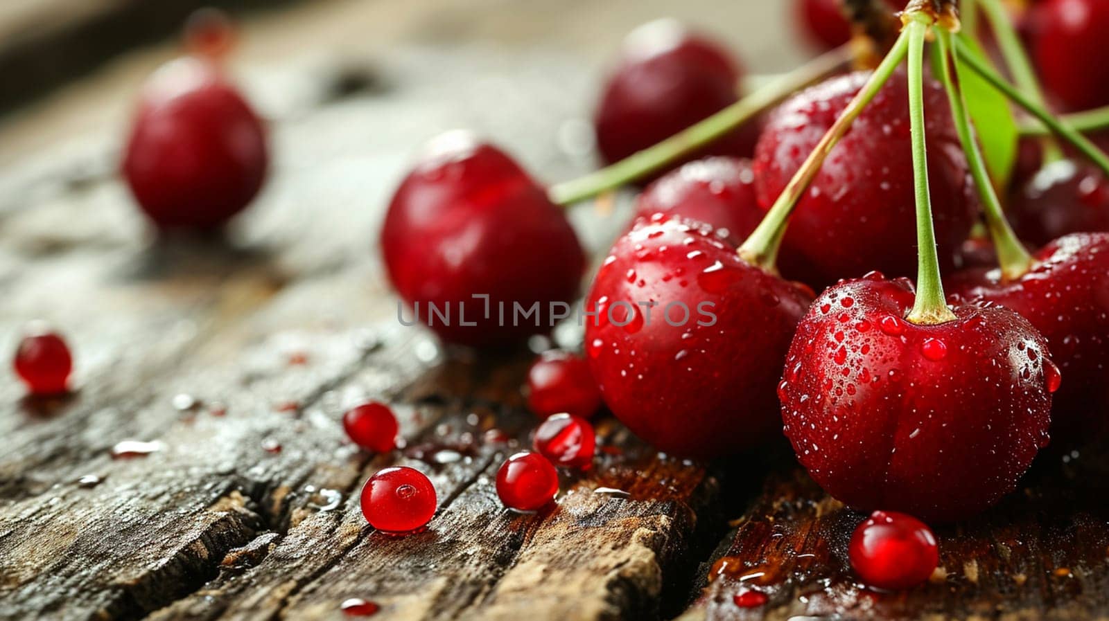 Ripe red cherry on a wooden background. selective focus. Food. Generative AI,