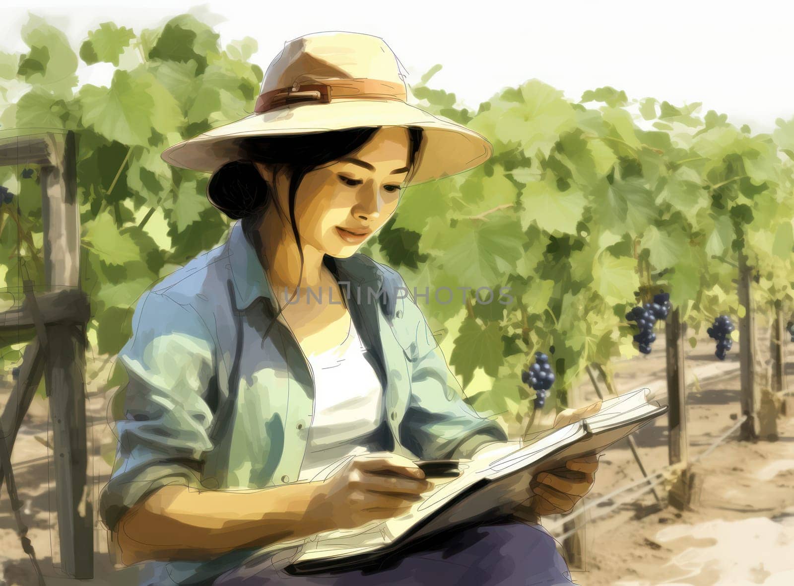Portrait of a Young Woman, a Professional Farmer, Picking Fresh Grapes in a Sunny Organic Vineyard Field by Vichizh
