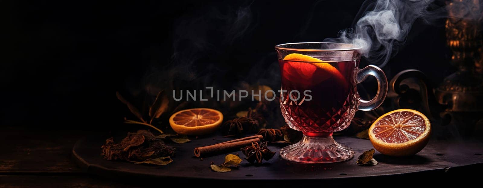 winter hot mulled wine with spices on a festive table in a dark cozy room, a traditional hot drink for Christmas by KaterinaDalemans